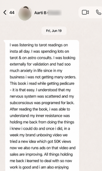 WhatsApp message from Aarti, a reader of the book